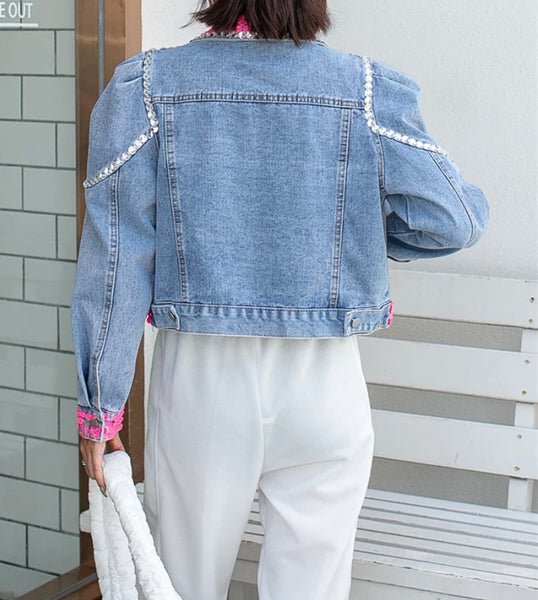 Women Fashion Sequins Patchwork Denim Crop Jacket