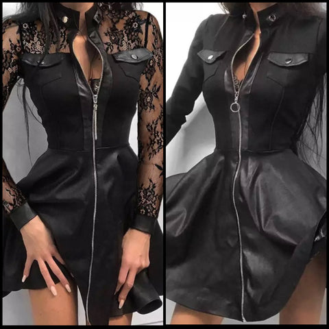 Women Sexy Fashion PU Patchwork Front Zipper Dress