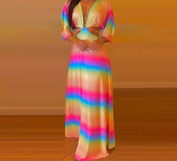 Women Rainbow Striped Open Back Maxi Dress