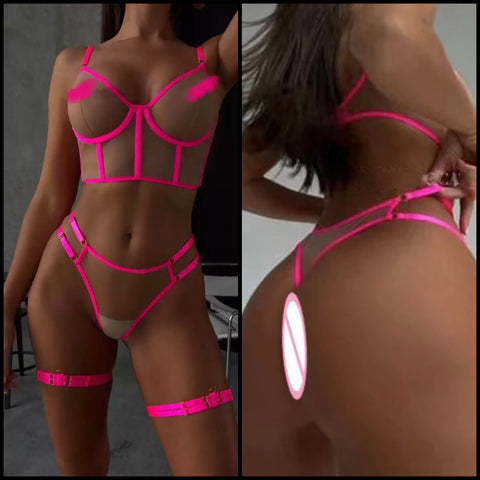 Women Sexy Pink Mesh Patchwork Lingerie Set