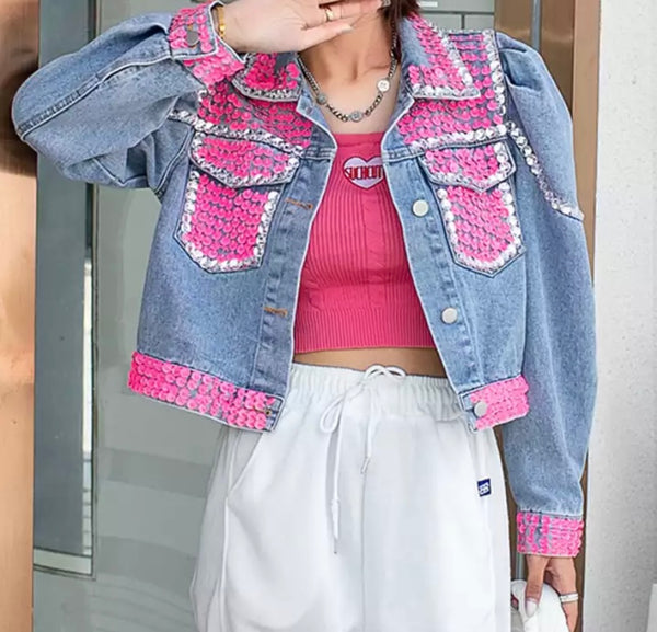 Women Fashion Sequins Patchwork Denim Crop Jacket