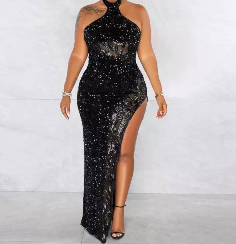 Women Sleeveless Sexy Sequins High Side Split Maxi Dress