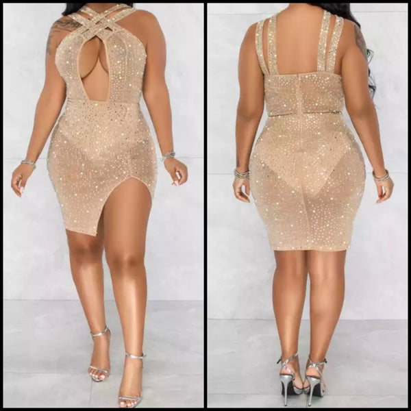 Women Mesh Sexy Halter Bling Dress