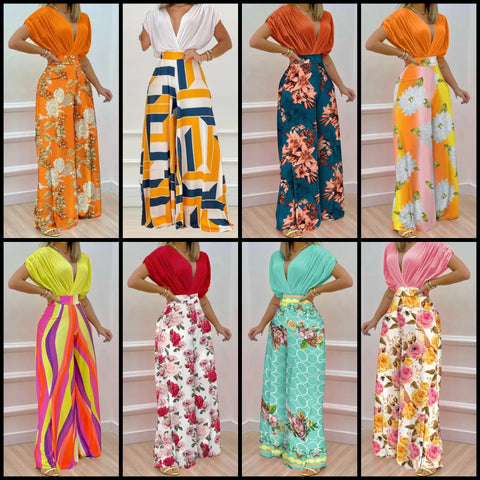 Women Short Sleeve Two Piece Printed Wide Leg Pant Set