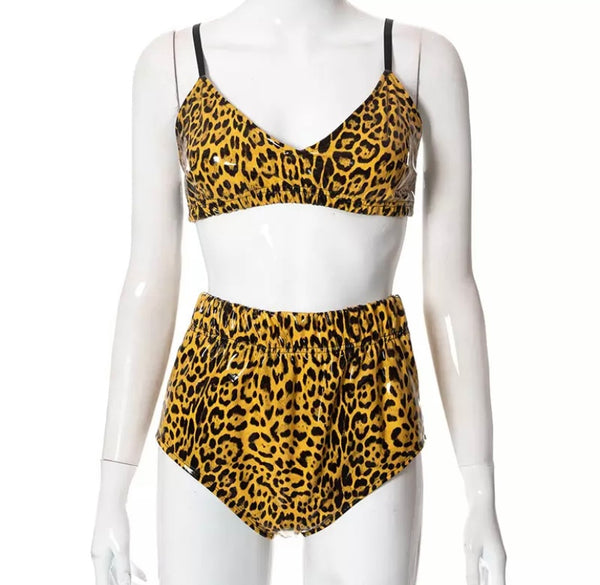 Women Sexy Leopard Three Piece Puff Jacket PU Short Set