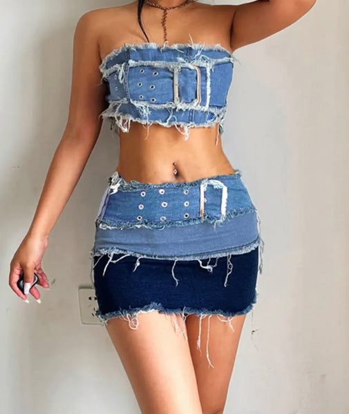 Women Buckled Strapless Color Patchwork Denim Two Piece Skirt Set