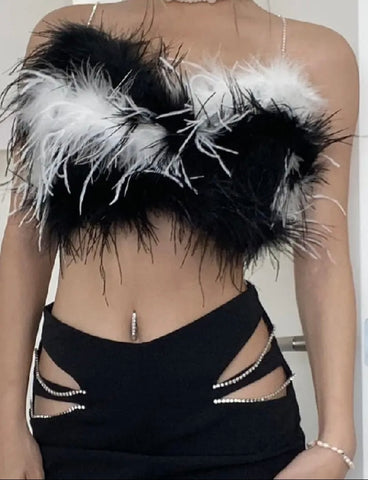 Women Sexy Sleeveless B&W Faux Fur Crop Top