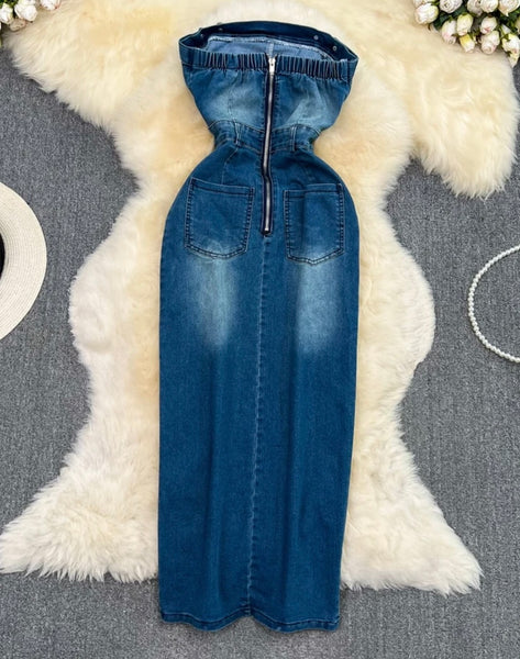 Women Strapless Front Slit Sexy Denim Maxi Dress