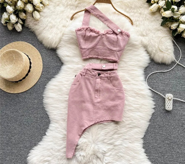 Women Sexy Pink One Shoulder Crop Two Piece Skirt Set