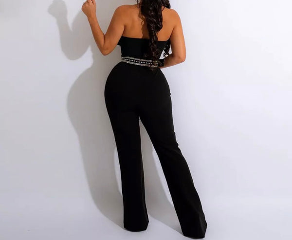 Women Strapless Sexy Bling Belted Jumpsuit