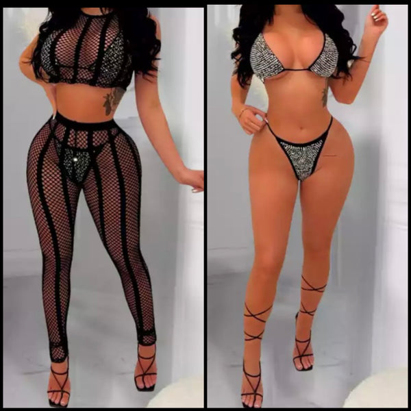 Women Sexy Four Piece Bling Bikini Mesh Cover Up Set