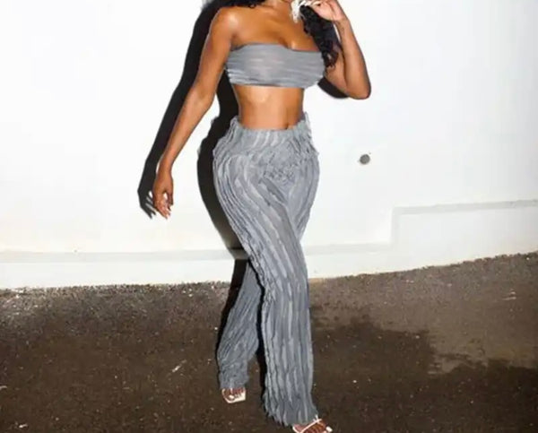 Women Sexy Strapless Gray Two Piece Pant Set