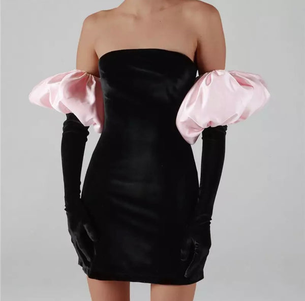 Women Strapless Sexy Velour Puff Glove Dress