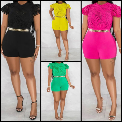 Women Sexy Solid Color Lace Patchwork Short Sleeve Romper