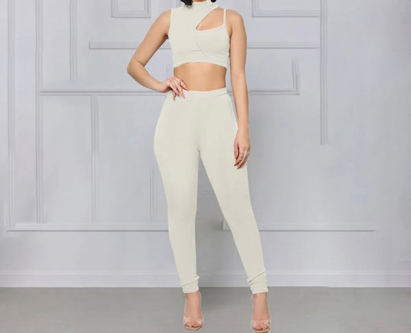 Women Sleeveless Solid Color Crop Two Piece Pant Set