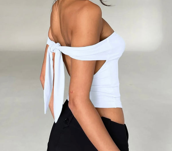 Women Sexy Off The Shoulder Tie Up Open Back Crop Top