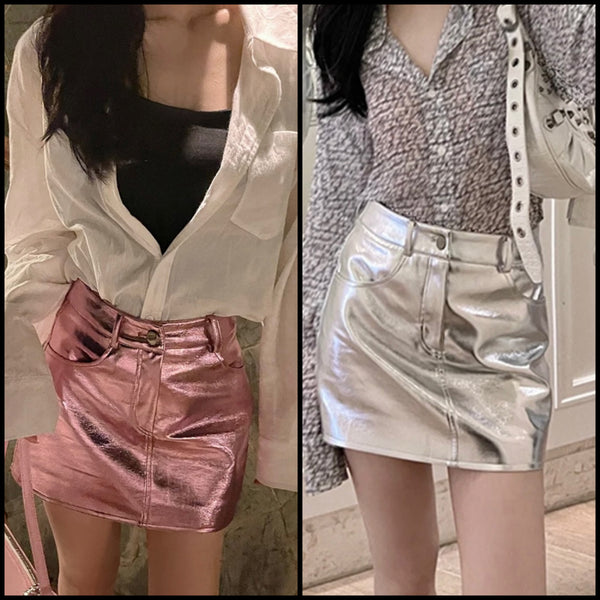 Women PU Metallic Fashion Skirt