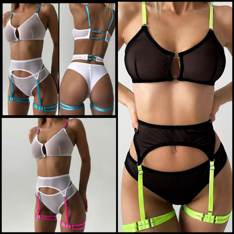 Women Sexy Neon Strap Mesh Lingerie Set