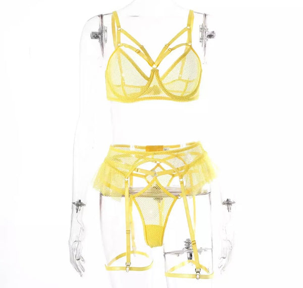 Women Sexy Yellow Ruffled Mesh Lingerie Set