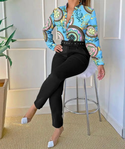 Women Fashion Full Sleeve Printed Button Up Two Piece Pant Set