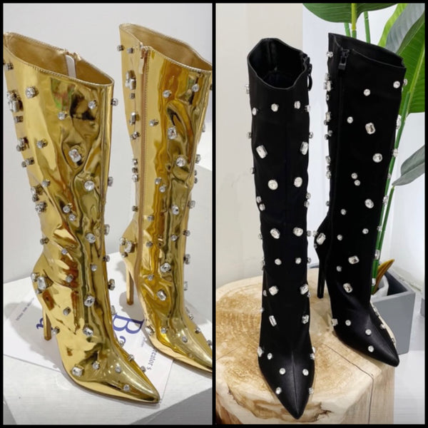 Women Pointed Toe Crystal Fashion High Heel Boots