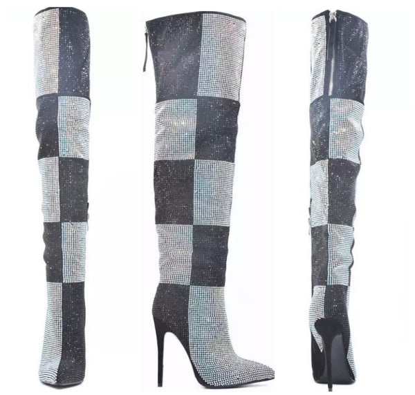 Women Pointed Toe Color Patchwork Bling Over The Knee Boots