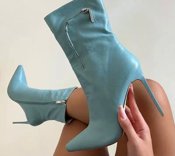 Women Pointed Toe Pocket High Heel Ankle Boots