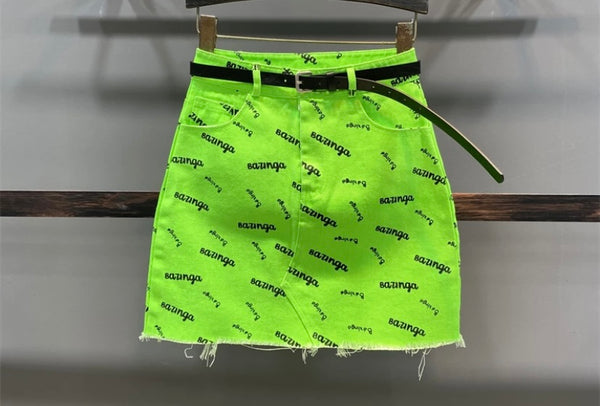 Women Fashion Letter Print Neon Denim Skirt