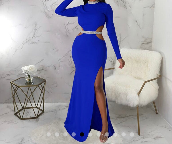 Women Sexy Bling Patchwork Full Sleeve Cut Out Maxi Dress