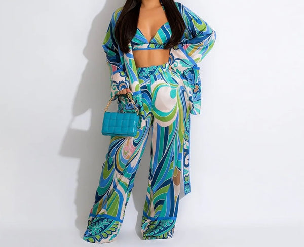 Women Printed Sexy Three Piece Wide Leg Pant Set
