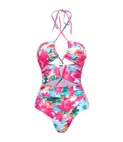 Women Sexy Pink Floral Swimsuit Cover Up Set