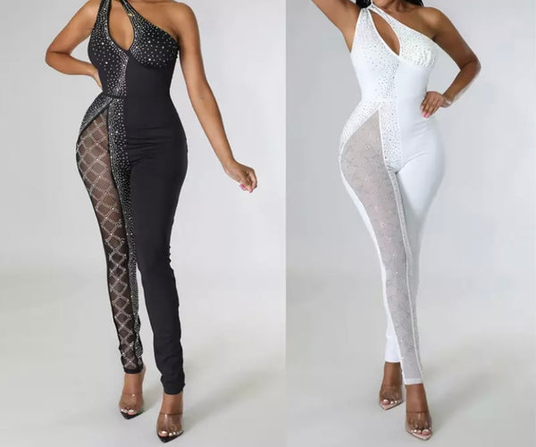 Women Sexy One Shoulder Sleeveless Bling Mesh Patchwork Jumpsuit