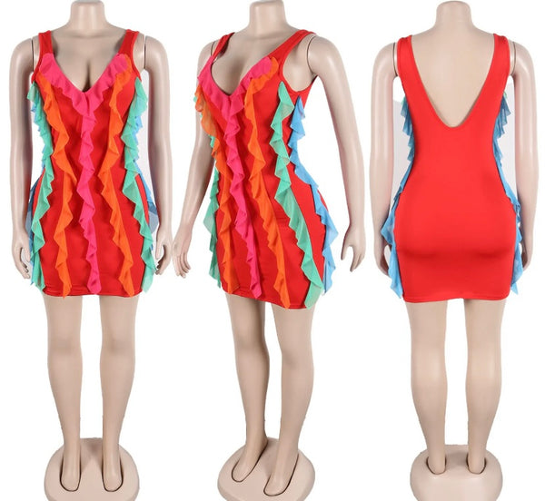 Women Sleeveless Multicolored Ruffled Sexy Dress