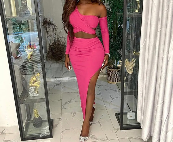 Women Sexy One Shoulder Full Sleeve Crop Two Piece Side Split Skirt Set