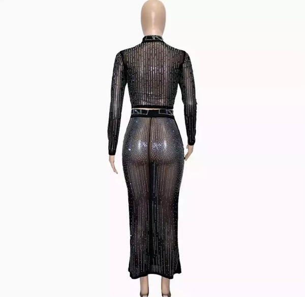 Women Sexy Rhinestone Mesh Crop Two Piece Maxi Skirt Set