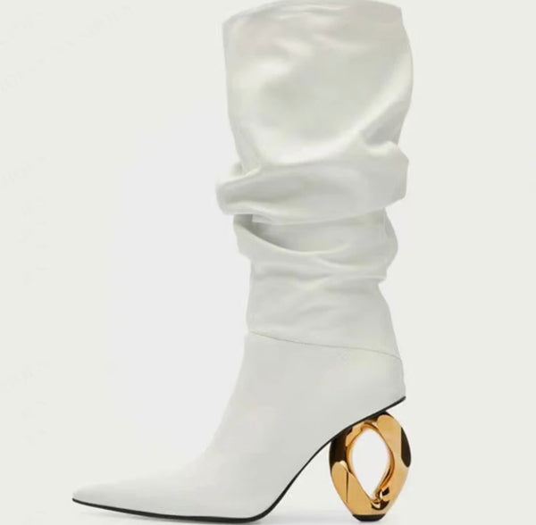 Women Ruched Pointed Toe Fashion Metal Heel Mid-Calf Boots