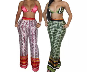 Women Printed Sexy Sleeveless Two Piece Wide Leg Pant Set