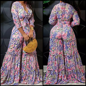 Women Colorful Printed Full Sleeve Two Piece Wide Leg Pant Set