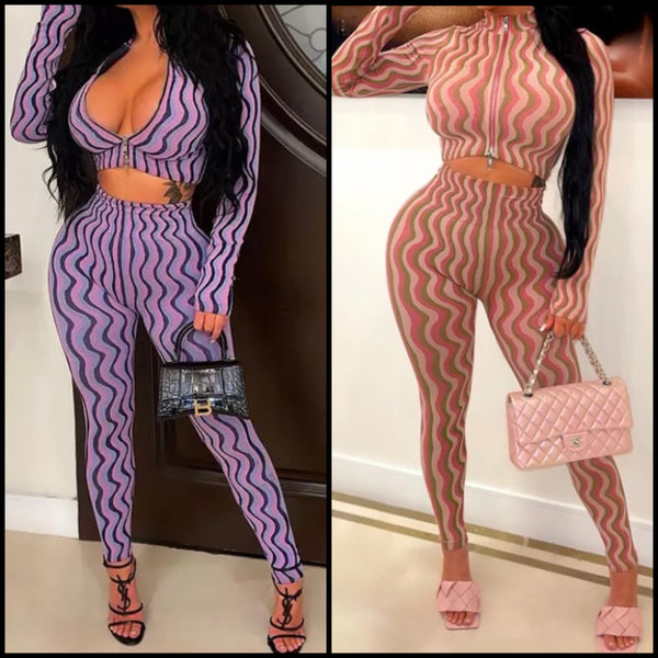Women Fashion Printed Front Zipper Full Sleeve Crop Two Piece Pant Set