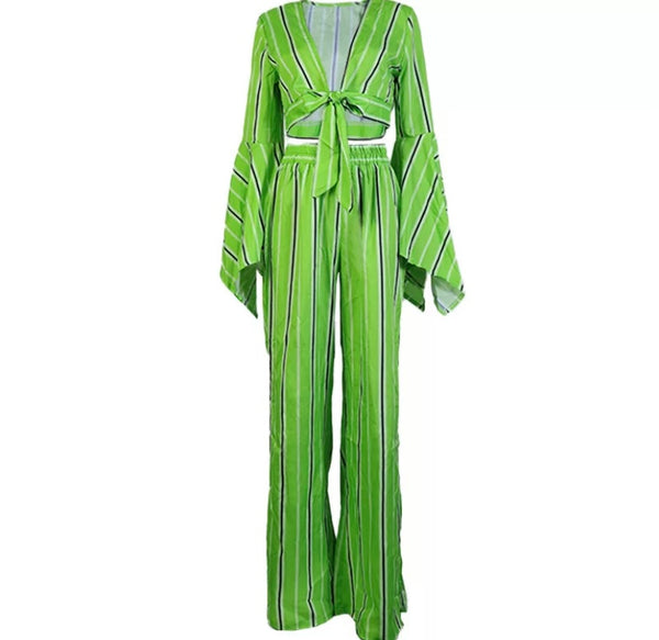 Women Striped Fashion Full Sleeve Two Piece Side Split Pant Set