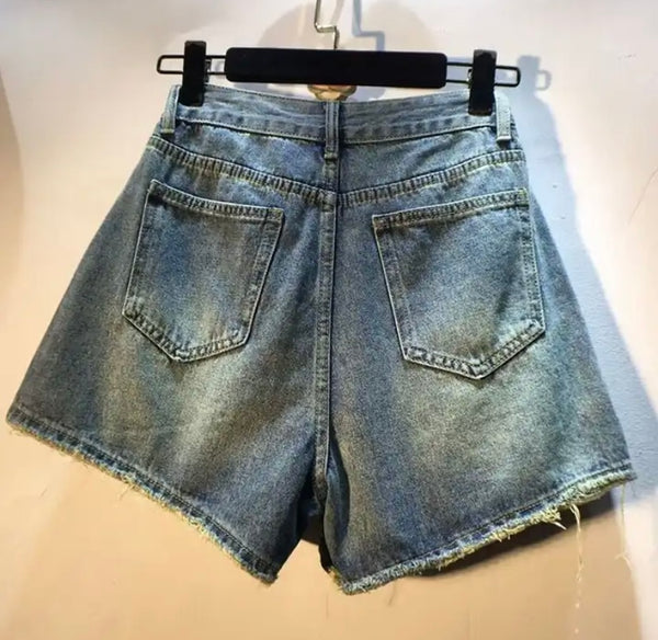 Women Crystal Fashion Denim Wrap Shorts