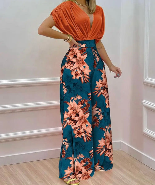 Women Short Sleeve Two Piece Printed Wide Leg Pant Set