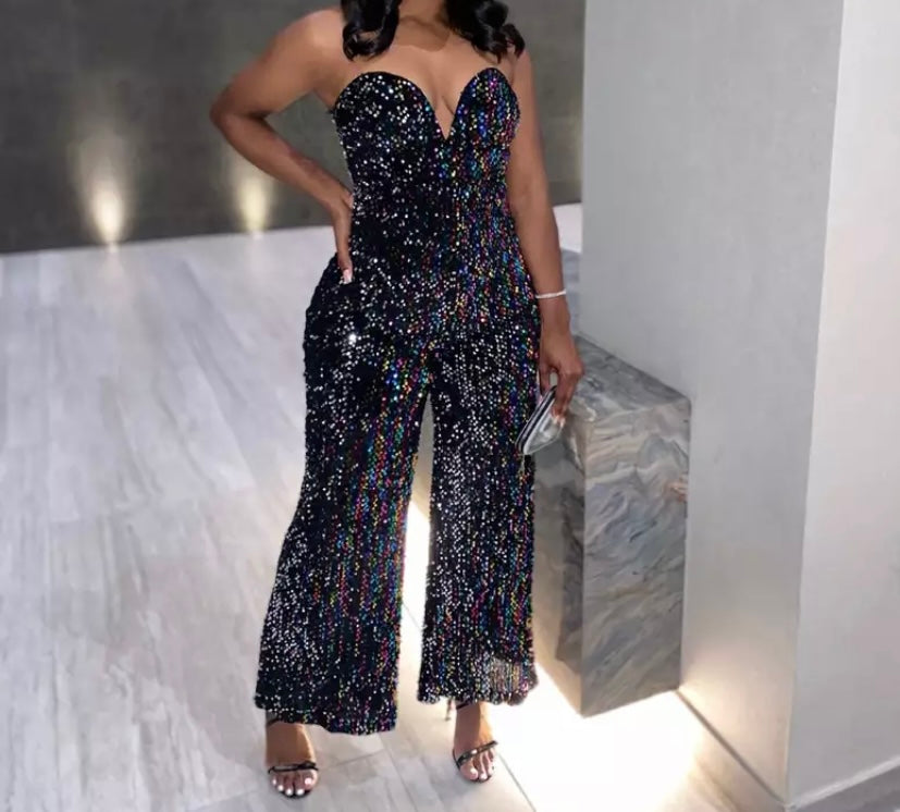 Women Sexy Strapless Sequins Wide Leg Jumpsuit
