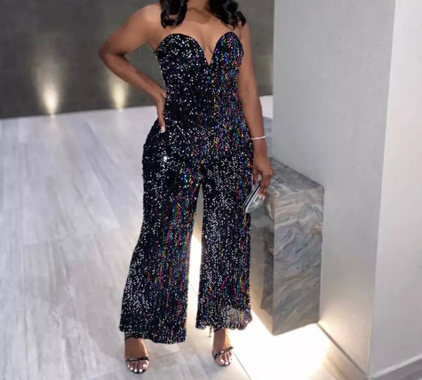 Women Sexy Strapless Sequins Wide Leg Jumpsuit