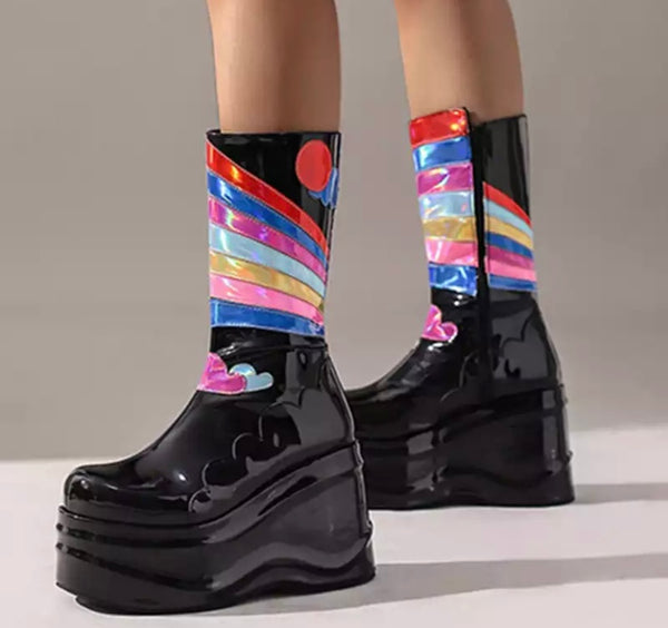 Women Patent Leather Platform Rainbow Boots