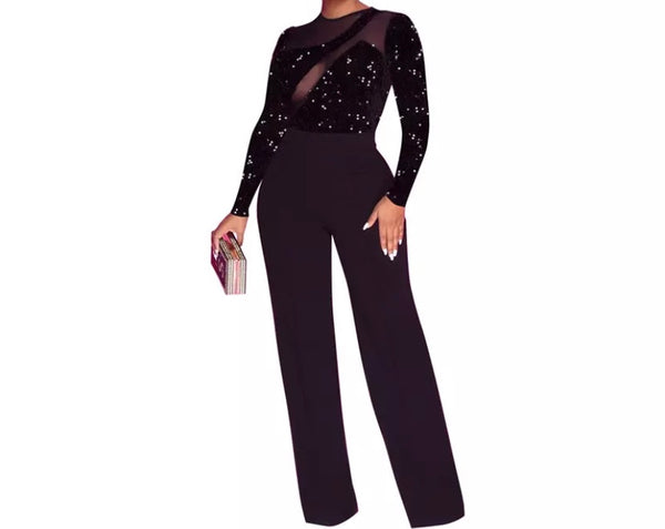 Women Sexy Full Sleeve Sequins Mesh Patchwork Jumpsuit