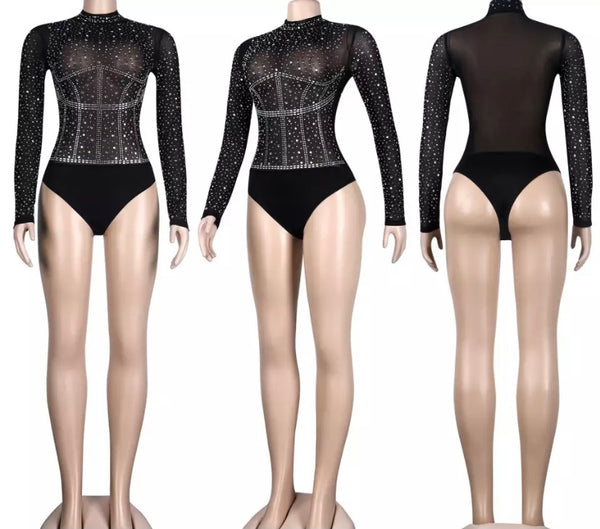 Women Sexy Mesh Bling Long Sleeve Bodysuit Top