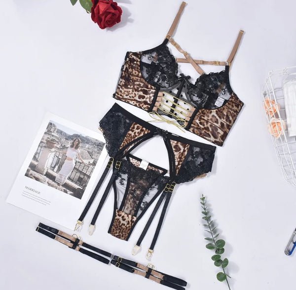 Women Sexy Lace Leopard Print Patchwork Lingerie Set