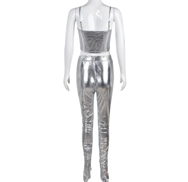 Women Sexy Sleeveless Silver Two Piece Ruched Pant Set