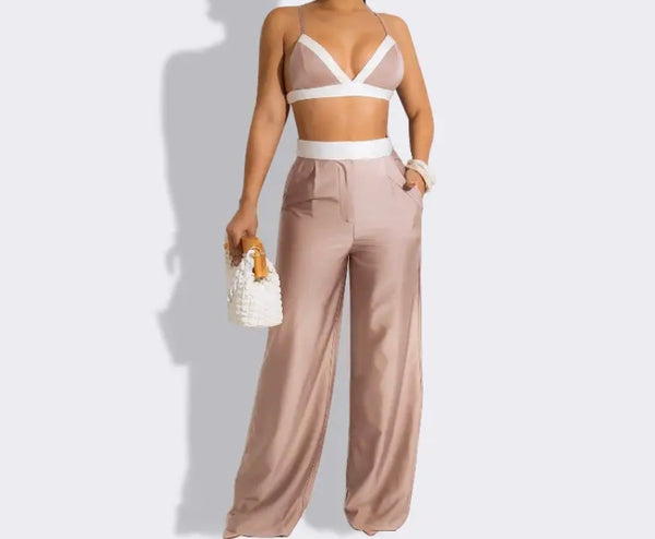 Women Sexy Sleeveless Color Patchwork Two Piece Pant Set